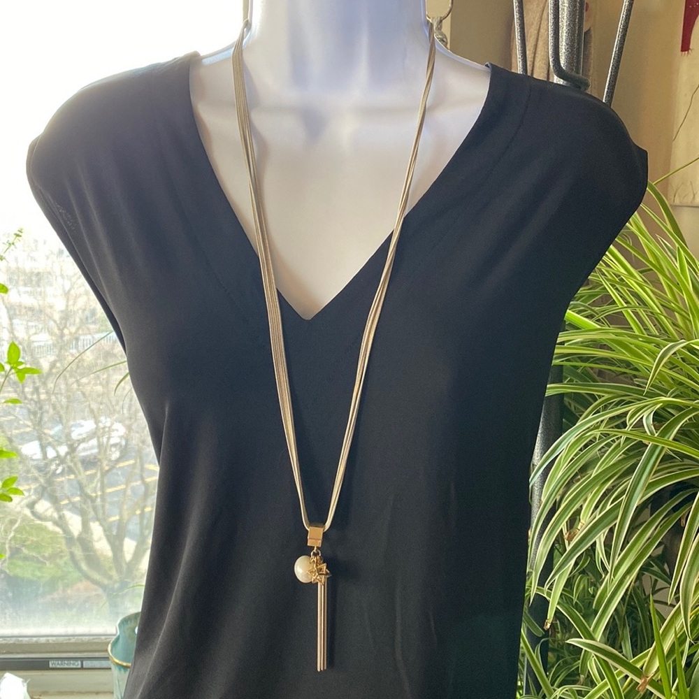 Fluid 3 Strand Necklace with Tassel, Simulated Pearl & Gold-Toned 3-D Star